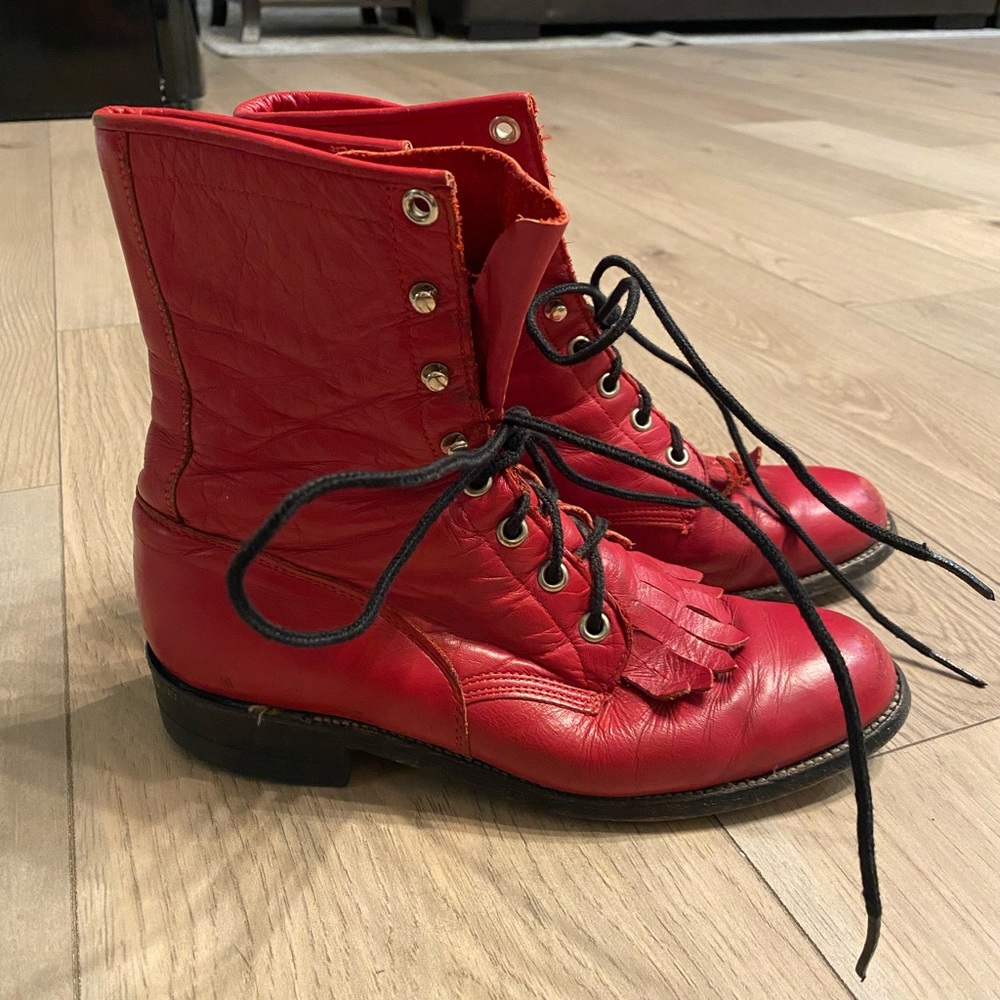 Red Justin Lace Up Boots